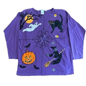 VINT Victoria Jones Vintage Halloween Shirt Medium Purple Long Sleeve Beaded Cat